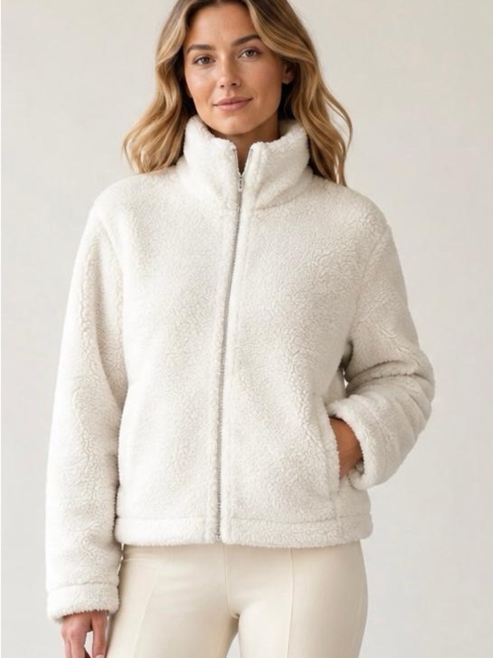 lululemon Ivory Sherpa Fleece Full Zip Hooded Jacket Snap Pockets